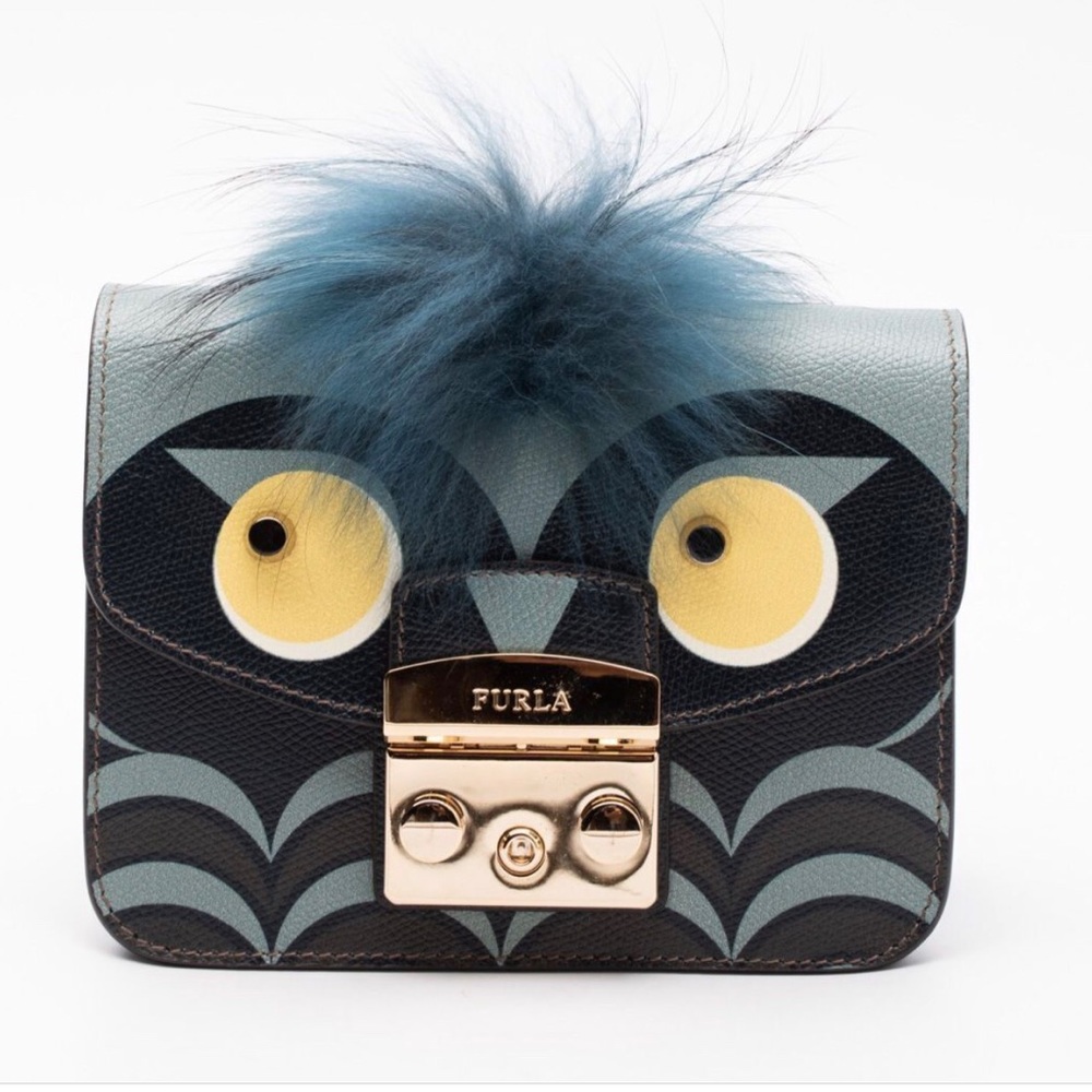 NEW FURLA Metropolis Jungle Leather Owl Clutch Bag Push Lock Grainy Panel